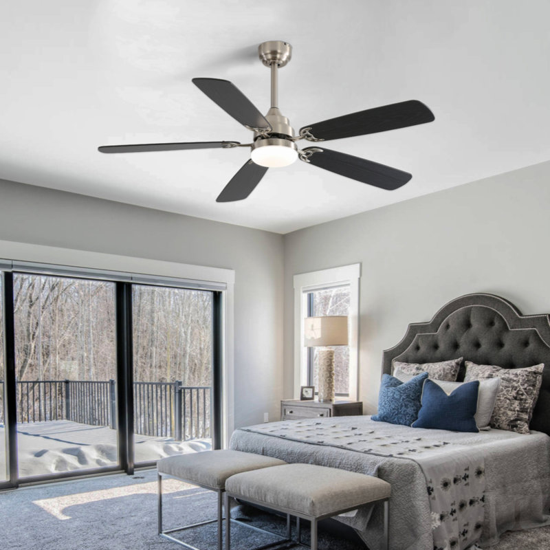 Modern 52 Inch Led Ceiling Fan With 110V 6 Speed Wind 5 Blades Remote Control Reversible DC Motor With Light, Black, 52" Wide