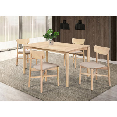 5 pièces de style moderne Mid-Century, bois blanchi, chaises en tissu brun clair pouvant accueillir 4 personnes pour un repas en bois, espace pour personne revêtu de tissu d'ameublement