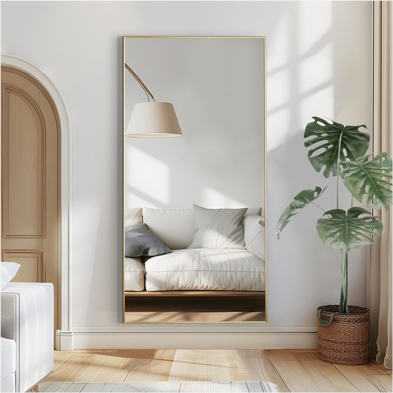 Miroir mural pleine longueur en métal avec support intégré, Or, 75 po x 38 po