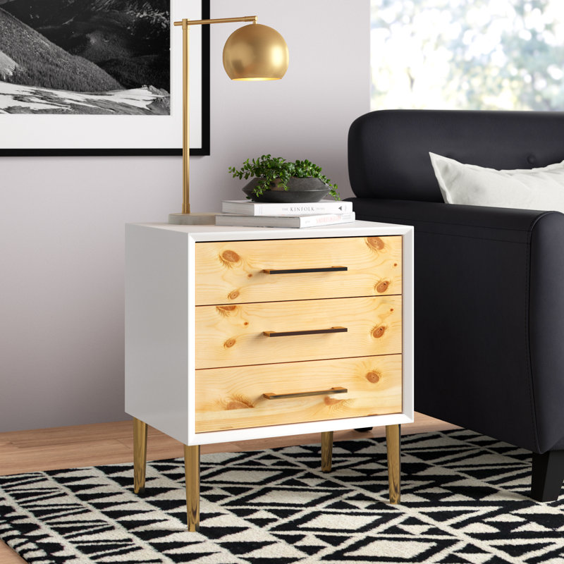 White Rectangular Wood and Metal Side Table with Storage