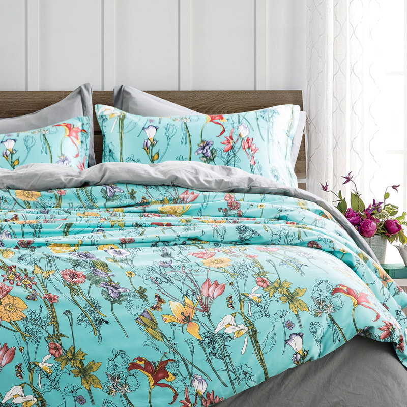 Sateen Floral Duvet Cover, King Duvet Cover + 2 Pillow Cases