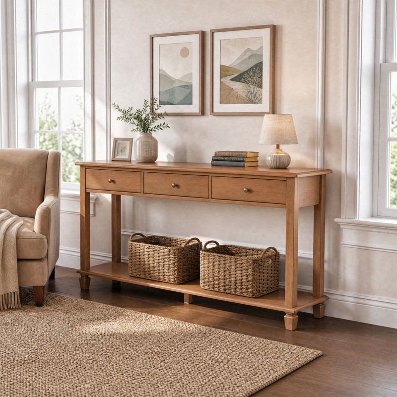 Console traditionnelle Bellmont avec 3 tiroirs, une étagère ouverte et des pattes décoratives en pin massif pour le salon