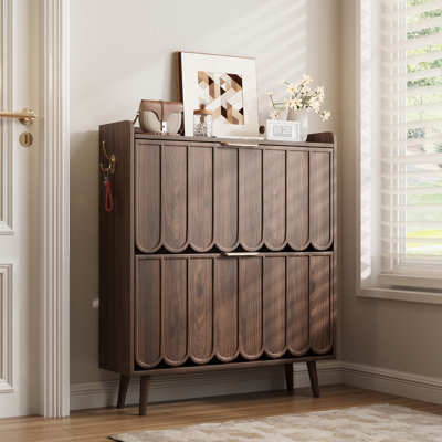 Mid-Century Modern Shoe Cabinet With Removable Shelves & Hooks
