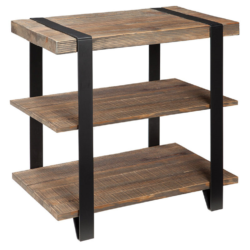 Nedra 27" Wide Rustic Industrial Solid Wood and Metal Frame Rectangular End Table With 2 Shelves