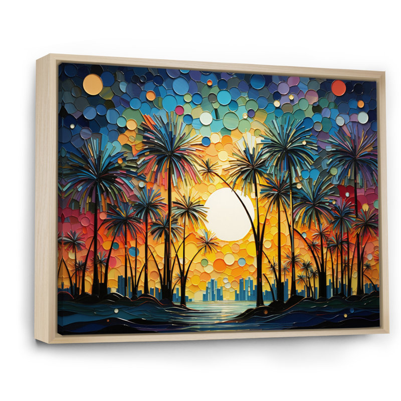 Collage de palmiers colorés I sur toile, Cadre naturel flottant, H 30 po x l 40 po x P 1,5 po