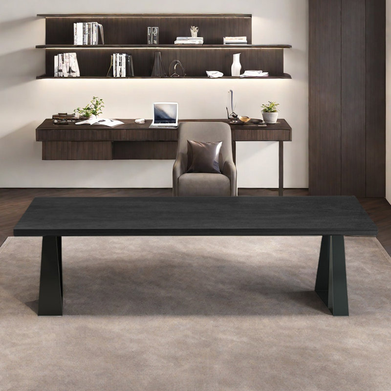 Long bureau en bois pour étudier / travailler avec de l'acier au carbone, H 29,53 po x l 86,61 po x P 23,62 po
