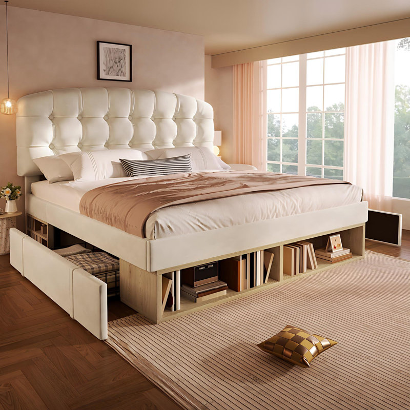 Upholstered Storage Bed, Beige, Kingsize (5')