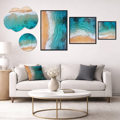 «Blue Tranquility Beach Aériel View III», art mural sur toile surdimensionné 5 pièces (100 po x 40 po)