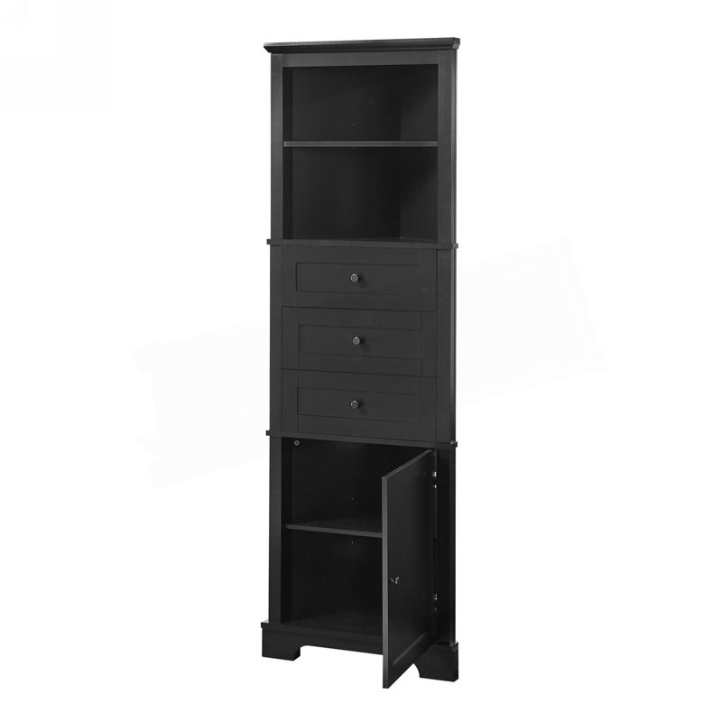 Triangle Tall Cabinet With 3 Drawers And Adjustable Shelves, Corner Cabinet, Accent Cabinet, Black