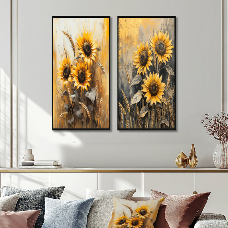Tournesols dans un pré de blé I - art mural floral 2 pièces, H 28 po x l 25 po, Cadre flottant noir