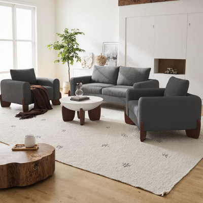 Ensemble de canapé moderne 3 pièces Boucle, 1 causeuse et 2 fauteuils, mobilier de salon modulaire avec cadre en bois de pin massif, pieds en bois d'hévéa courbés, pour appartement, bureau, salon