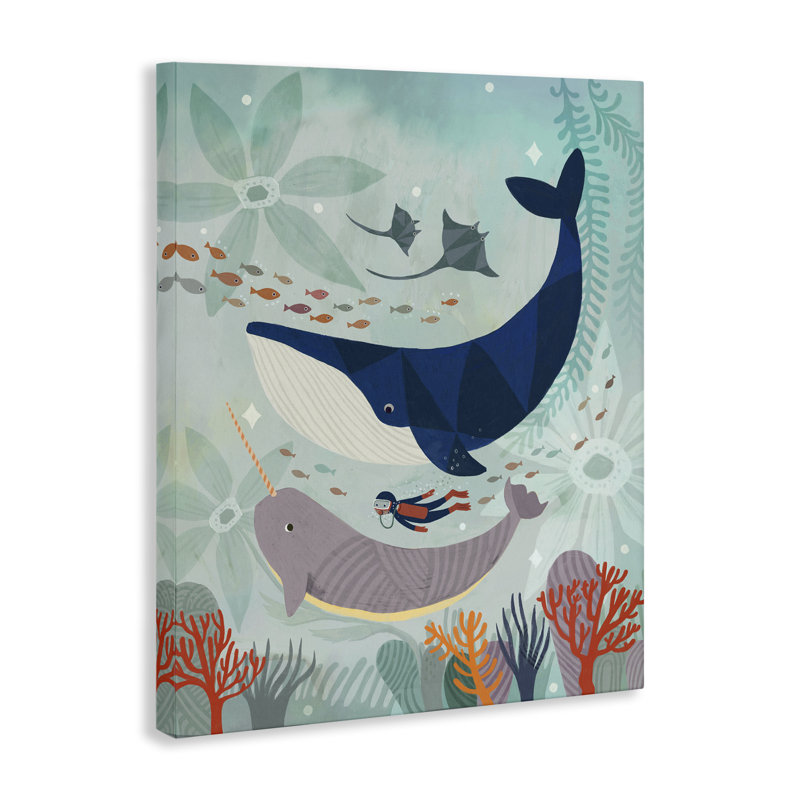 Art mural sur toile "Plongeur parmi les baleines" par Irene Chan, H 20 po x l 16 po