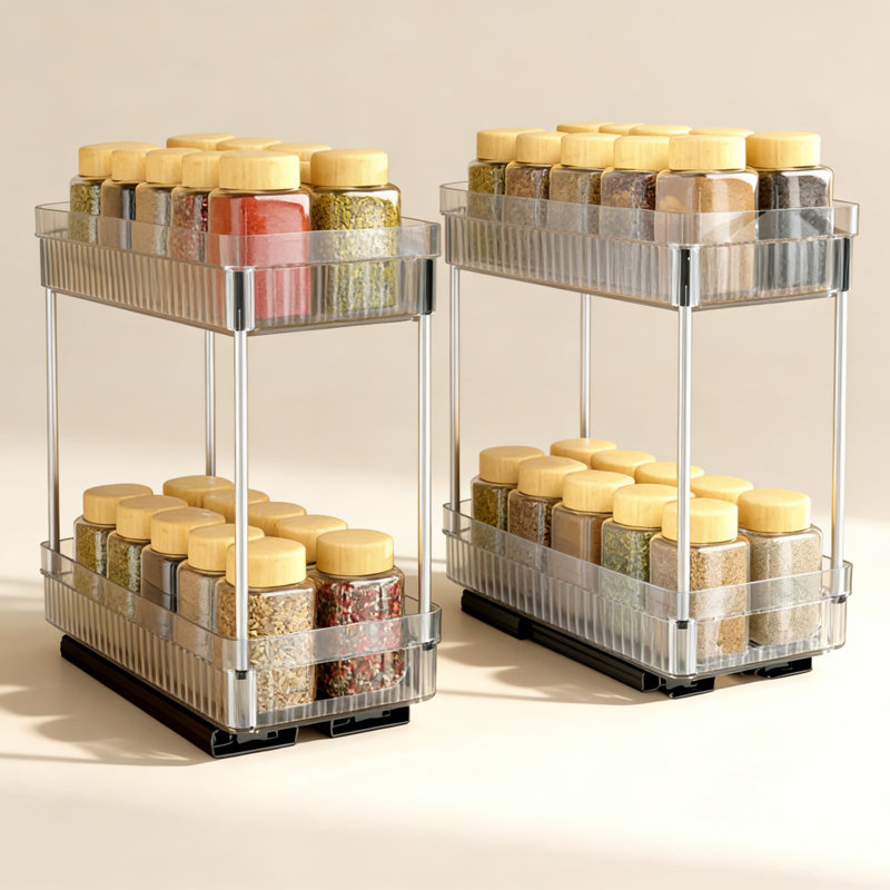 Étagère à épices coulissante à 2 niveaux pour armoire, étagère à épices coulissante en acrylique transparent à 2 niveaux avec glissières à roulement à billes lisses, organisateur d'armoire peu encombrant pour épices et pots