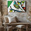 Toile, une représentation cubiste vibrante d'un oiseau perché sur un mur, branche stylisée présentant une composition géométrique remplie d'art sur toile-600210727