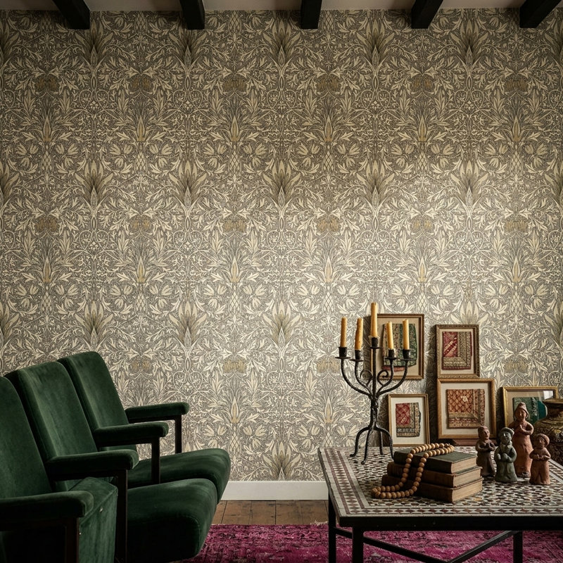 Papier peint damassé rétro floral crème, taupe et noir, Texturé non collé