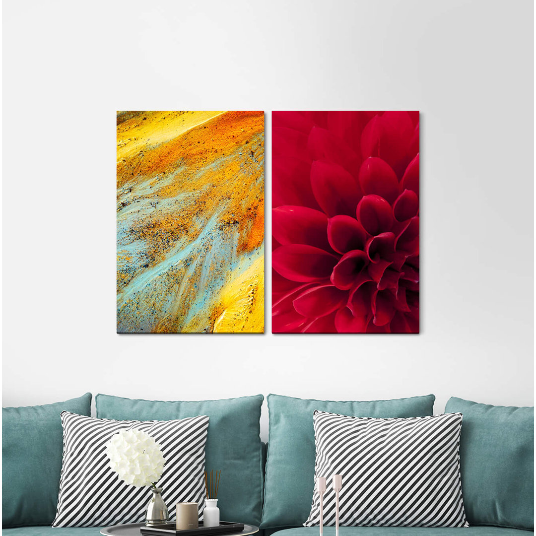 2-tlg. Leinwandbilder-Set - Fotografie „Dahlia Red Flower Gold Sand Colourful”