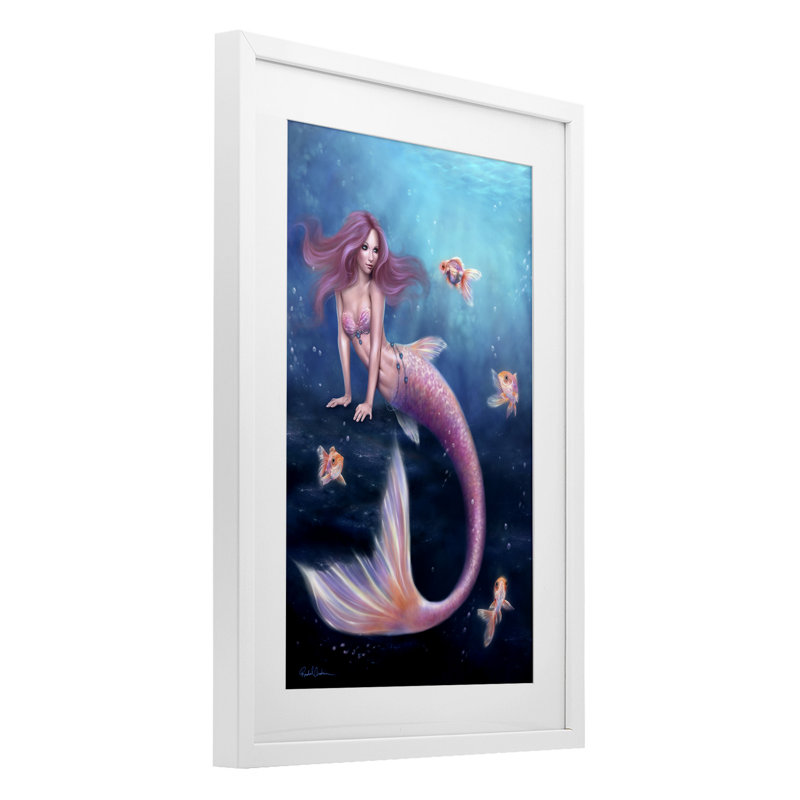 «Aurelia Mermaid & Fish», reproduction sous verre encadrée, design par Rachel Anderson, H 20 po x l 14 po, Cadre blanc côtier