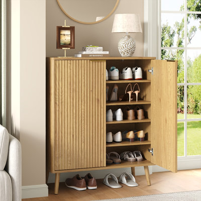 5-Tier Fluted Shoe Storage Cabinet Set of 2 with Doors,Wood Shoe Organizer with Adjustable Shelves,Shoe Cabinet for Entryway, Hallway, Living Room