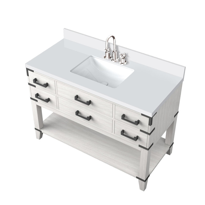 Plateau en quartz blanc de 48 po Large meuble-lavabo simple en chêne avec robinet et cinq tiroirs pour une capacité de rangement en cas de besoin
