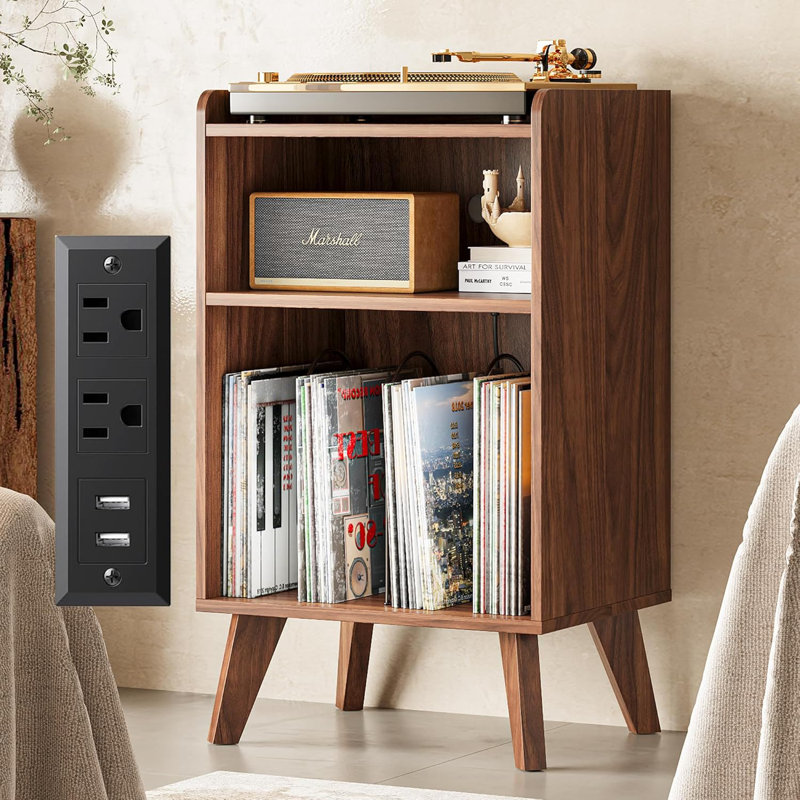 Mid-Century Record Player Stand with Charging Station, 3-Tier Turntable End Table for Vinyl Storage