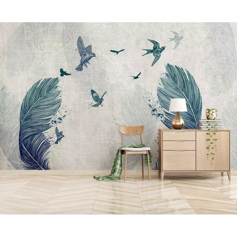 Papier peint amovible monochrome avec plumes bleu foncé et oiseaux, L 9 po x l 15 po