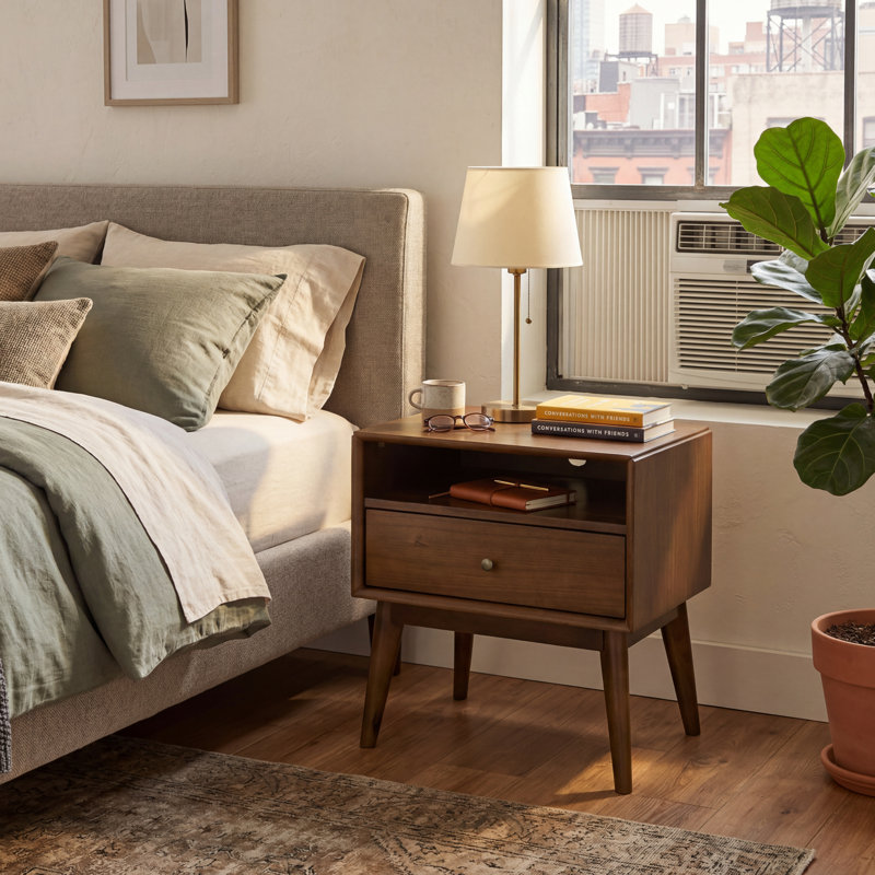 Mid-Century Sutton Walnut nightstand with one drawer and open shelf (case comes fully assembled, legs require 2-min assembly)