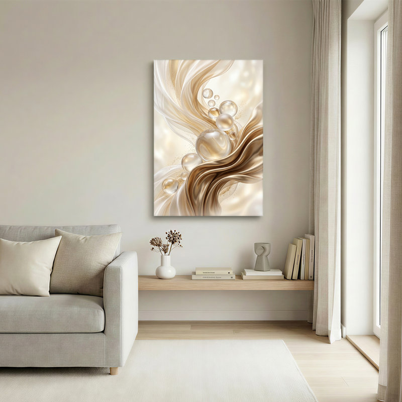 Or et crème, rubans qui coulent avec bulles, art mural sur toile, H 48 po x l 32 po