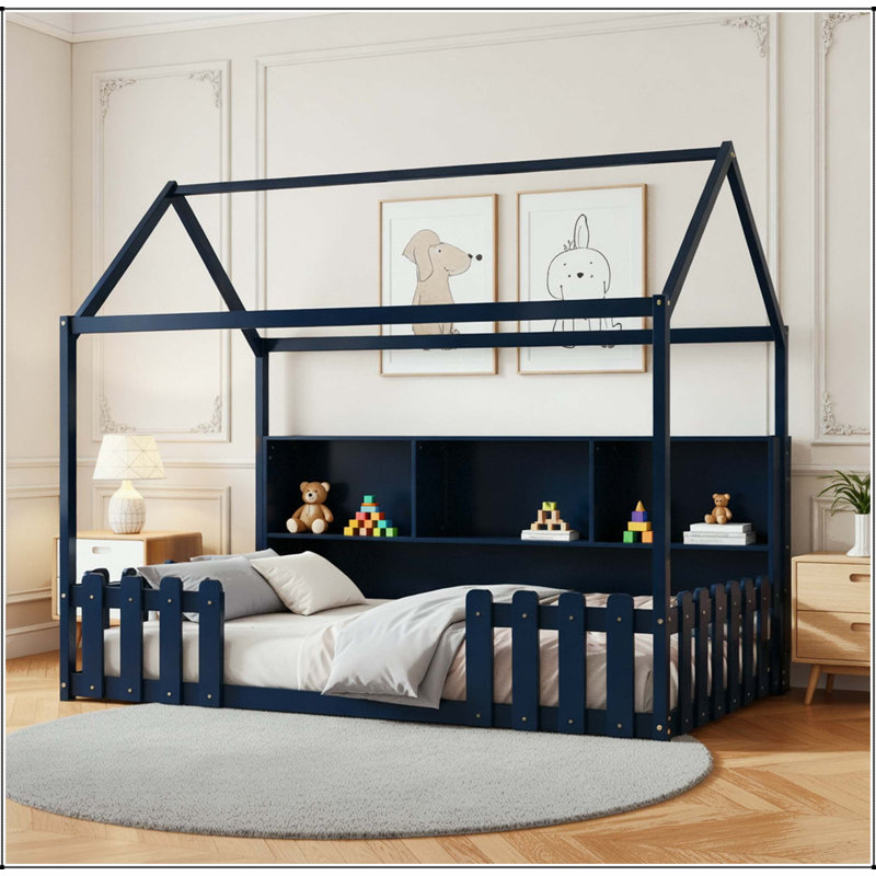 Lit simple avec lumière DEL et bibliothèque de rangement, Marine