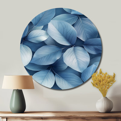Minimalism Smoky Blue Leaves I - Leaves Round Metal Wall Art, Traditional Blue Metal Art Print