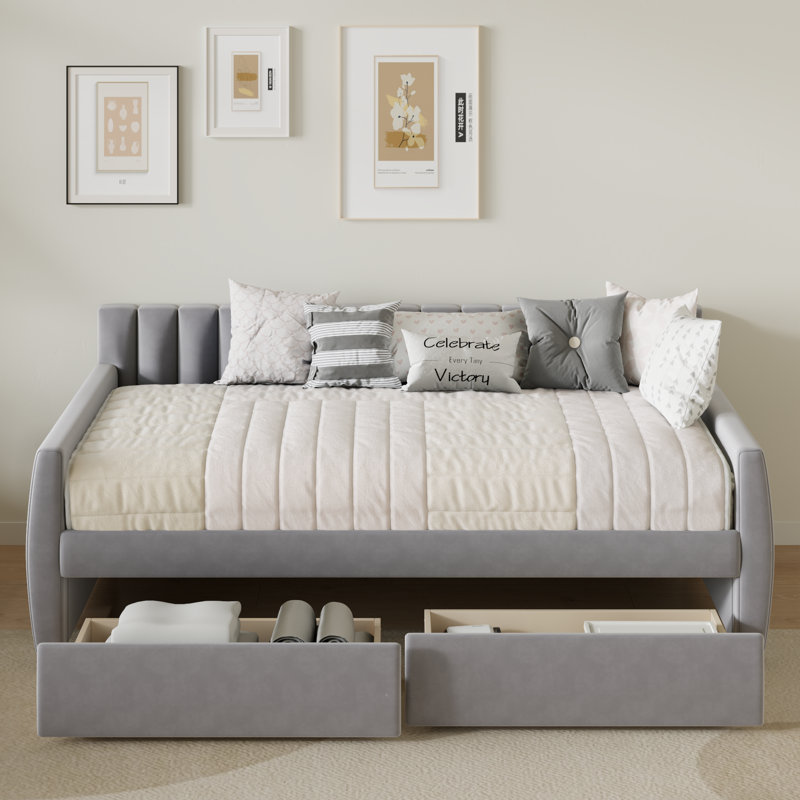 Aghwith Twin Size Upholstered Velvet Daybed with 2 Drawers - Space Maximization, No Box Spring Needed, Gray