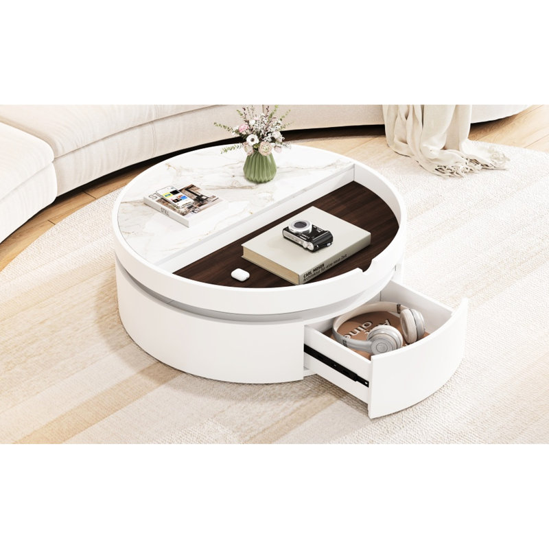 Table basse à plateau rond blanc avec 1 tiroir, 29,5 pouces, marbre et plateau en grain de bois pour une vie moderne