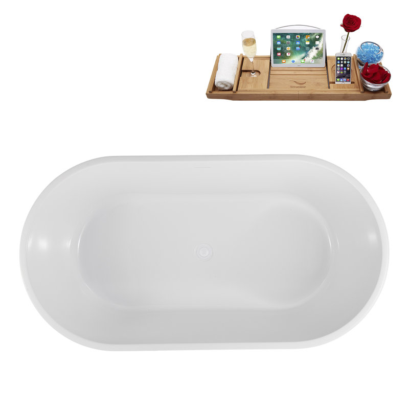 59" Streamline Soaking Glossy White Freestanding Tub With Internal Drain in Glossy White