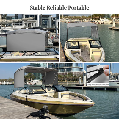4 Bow Bimini Top for Boats – Marine PU Canvas Boat Canopy, 1" Aluminum Frame, Removable Side Curtains, Adjustable Rear Poles, Light Gray, 54"H x 91"-96"W, Light Gray, 54"H*91"-96"W