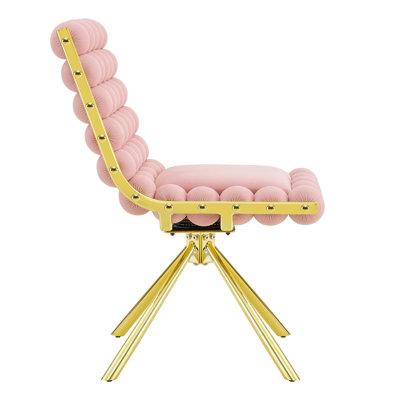 Modern Pink Bubble Tufted Accent Chair, Plush Velvet Swivel Chair with Gold Metal Legs, Ergonomic Armless Chair for Living Room, Bedroom & Dining Area