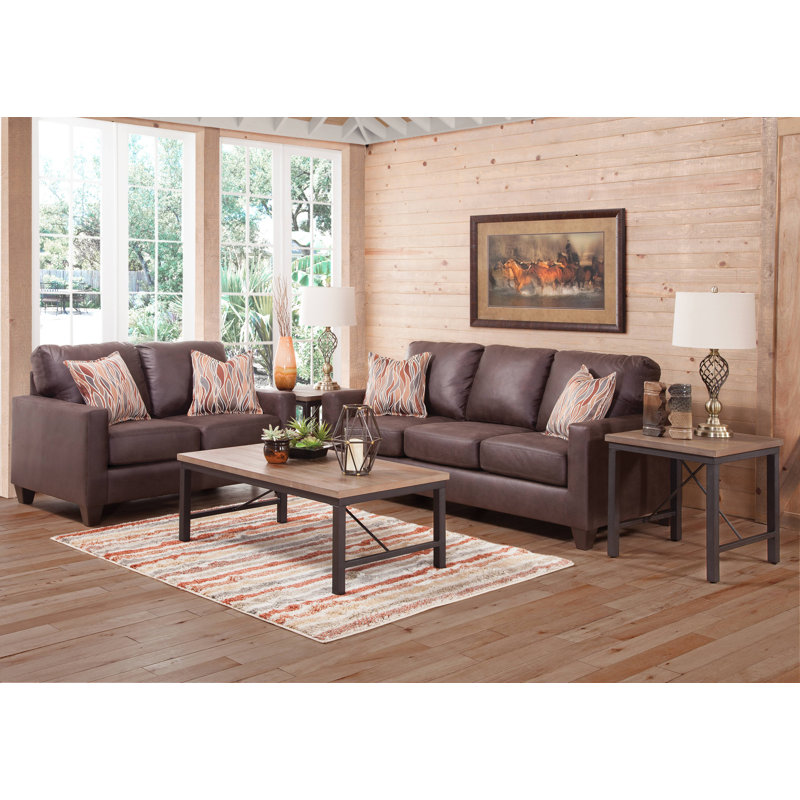 Brown Faux Leather Track Arm Loveseat with Removable Cushions