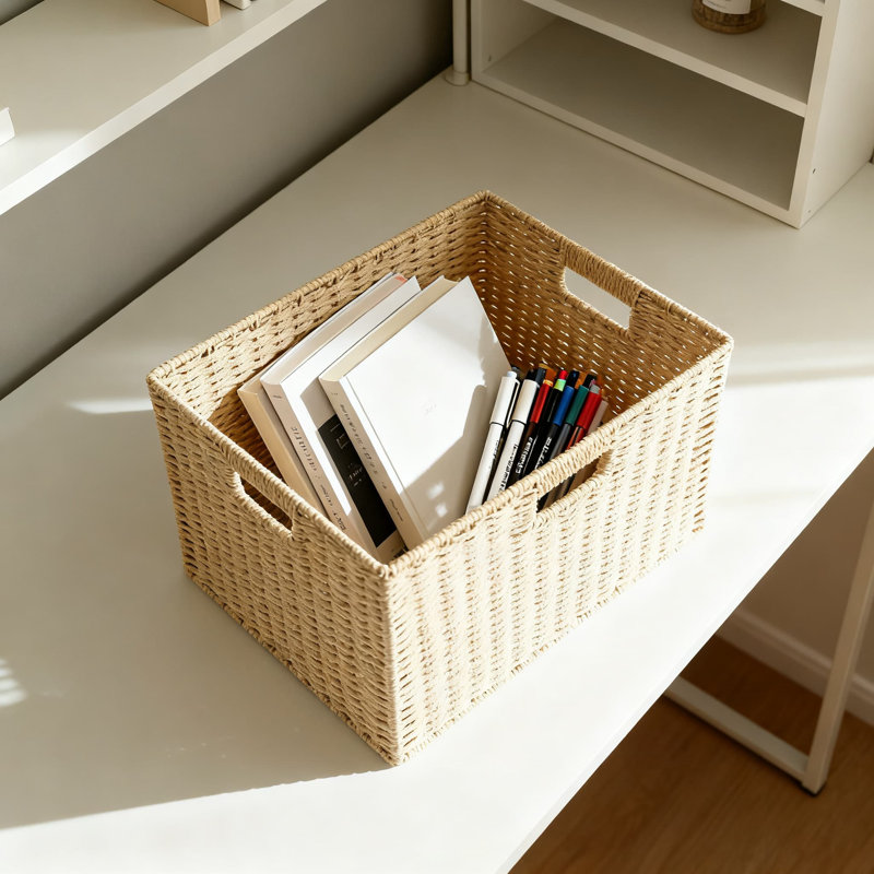 Handwoven Rattan Storage Basket, Woven Storage Box For Home Organization, Decorative Storage Bin For Living Room, Bedroom, Closet, Bookshelf