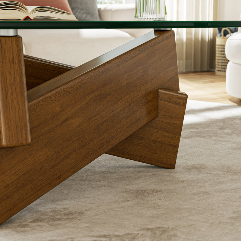 Table basse moderne en verre avec base en bois massif Petite table basse de salon Mid-Century