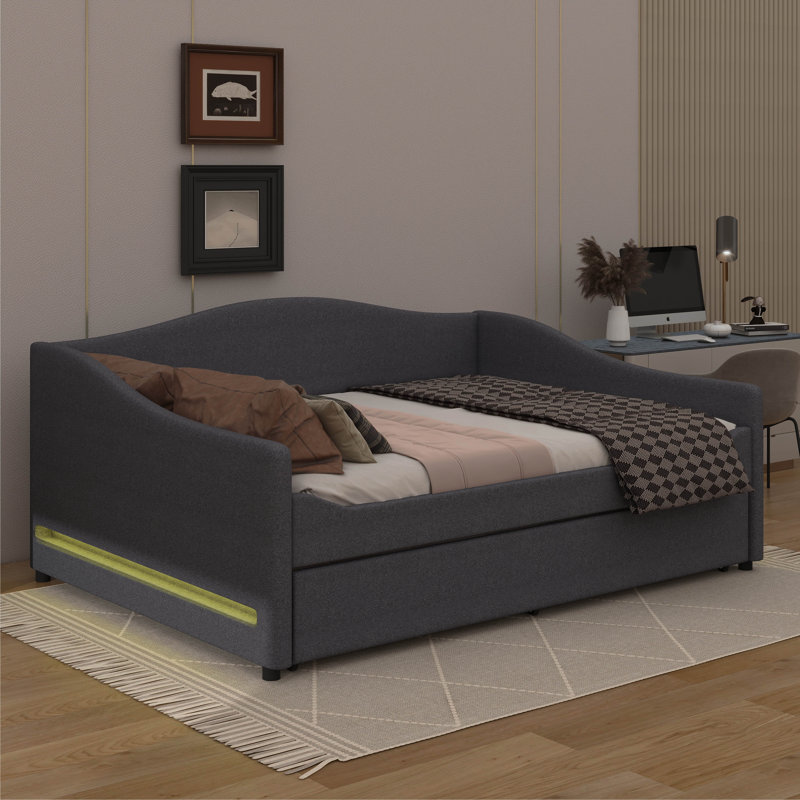 Lit de jour Teddy avec éclairage intégré et tablettes coulissantes, Gris, Double