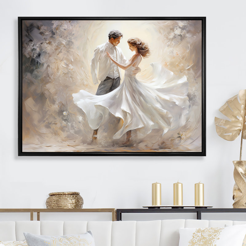 Danse valse en blanc II sur toile, L 40 po x H 30 po x P 1,5 po, Cadre flottant noir