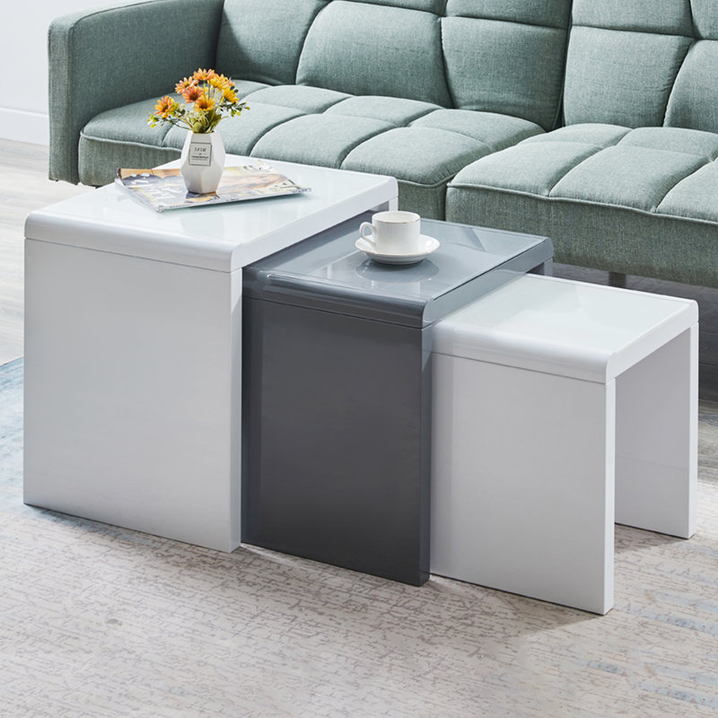 Espartaco High Gloss Glass Top 3 - Piece Nesting Coffee Table/Side Table, Grey & White