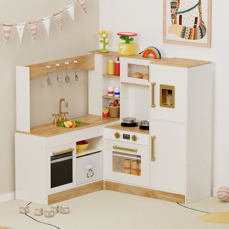 L-Shaped Corner Play Kitchen for 2-3 Kids, Wooden Pretend Set with Larger Play Area, Realistic Lights & Sounds, Ample Storage & Utensils, with Realistic Stove Sounds, Microwave, Sink & Storage(white)