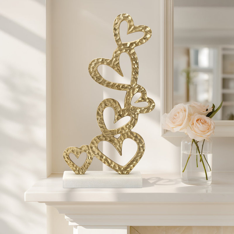 17" Tall Gold Stacked Hearts Aluminum Sculpture On Marble Base