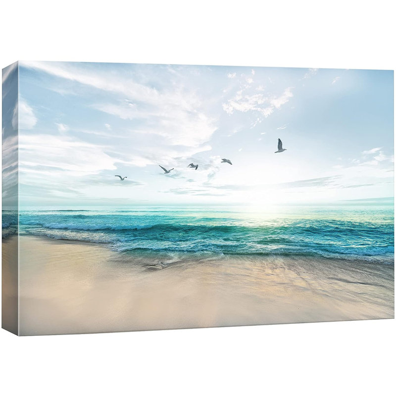 «Coastal Beach Peaceful Sunny Beach Day with Birds In Sky Nature Wilderness», reproduction sur toile