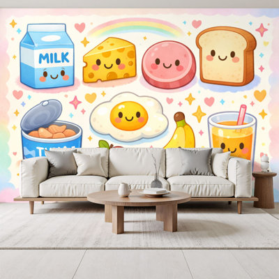 Kids Learning Peel and Stick Wallpaper for Classroom Cute Kawaii Food Characters Milk Cheese Egg Fruit Bread Wall Murals 69"H x 96"W Removable PVC Wall Paper Self-Adhesive Wall Decor for Bedroom Nursery