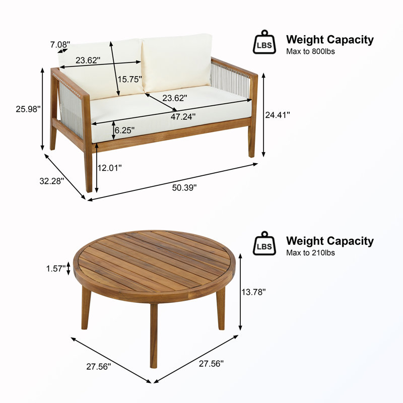 Ensemble de conversation d'extérieur en bois avec causeuse et table basse, Teck