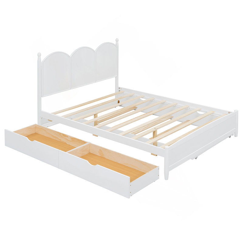 Lit plateforme à 2 tiroirs avec lit gigogne et tête de lit incurvée, Blanc / Blanc