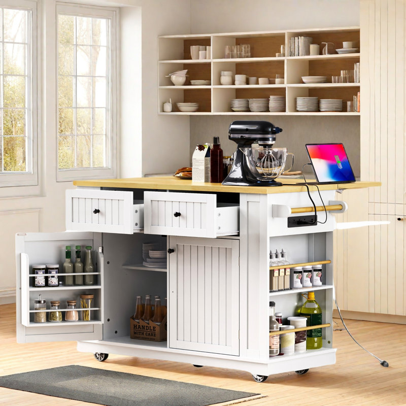 Large Rolling Kitchen Island With Drop Leaf, Power Outlet, Internal Storage Racks, 5 Open Side Racks, 2 Drawers, An Adjustable Shelf