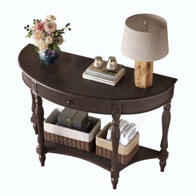 Solid Wood Half Moon Console Table with Drawer & Shelf, Fluted Vintage Curved Entryway Table for Hallway Living Room Foyer, Narrow Space Sofa Table with Roman Column Carved Legs