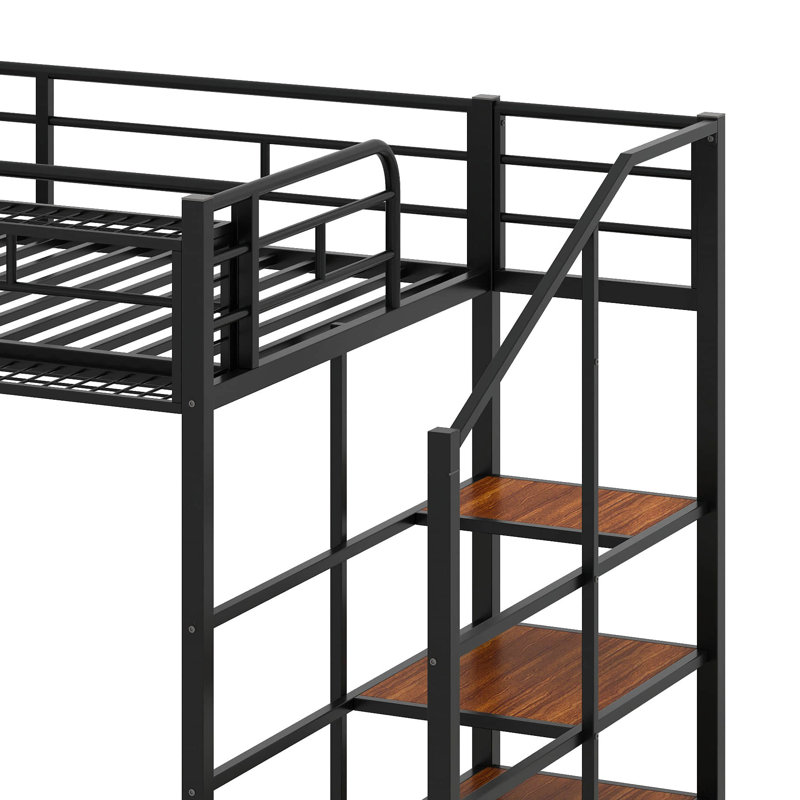 Twin Size Metal Loft Bed With Upper Grid Storage Shelf And Lateral Storage Ladder, Black