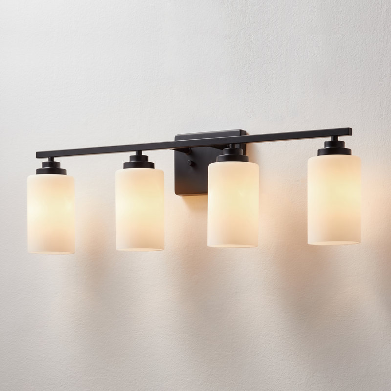 30 in. Black Steel 4-Light Dimmable Vanity Light with Frosted Glass Shades